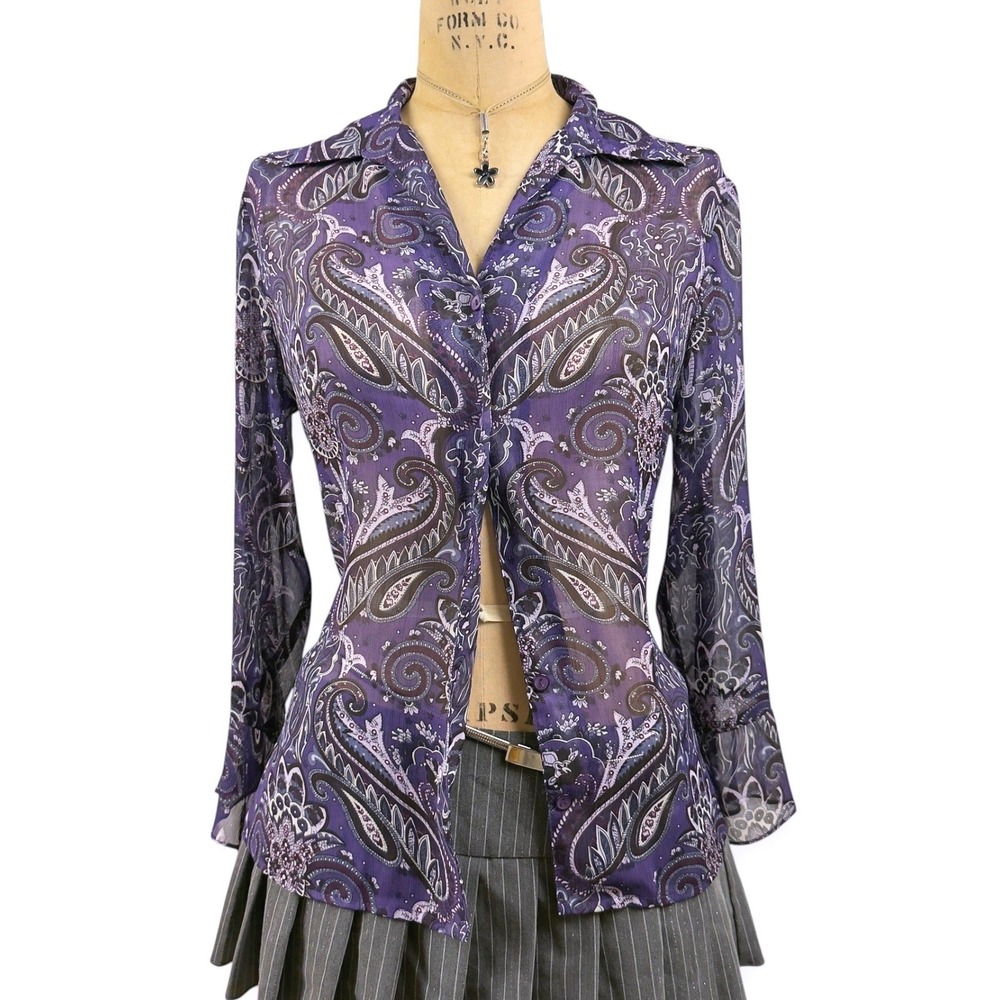 90s Purple Paisley Sheer Button Up Blouse Whimsigoth Indie Boho Fairy Grunge M